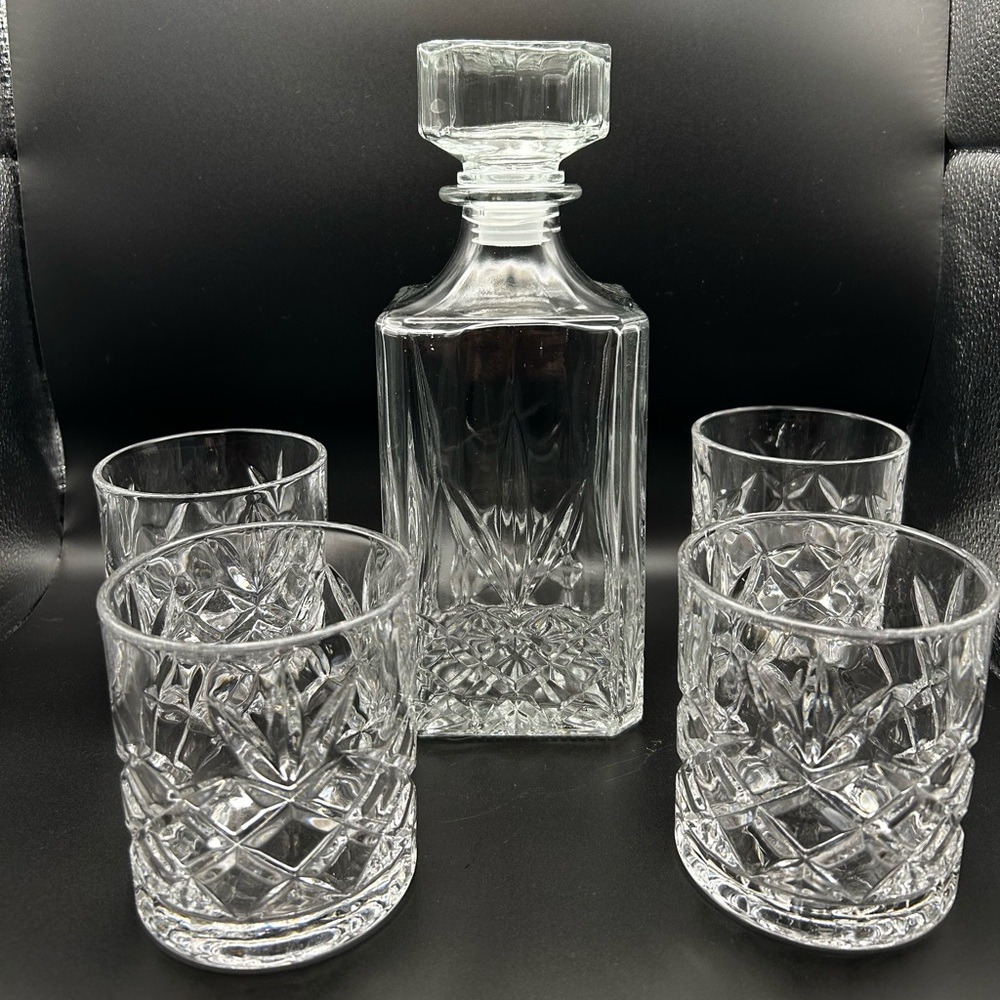 Vintage Crystal Decanter and Glass Five Piece Set